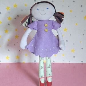 Bonikka Soft Rag Doll Purple Dress Painted Features Floral Legs Soft Plush 16"